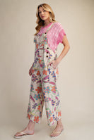 Easel Floral Printed Vintage Washed Overalls in Ecru