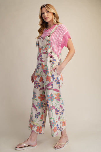 Easel Floral Printed Vintage Washed Overalls in Ecru