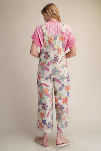 Easel Floral Printed Vintage Washed Overalls in Ecru