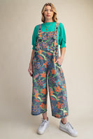 Easel Floral Printed Vintage Washed Overalls in Washed Denim