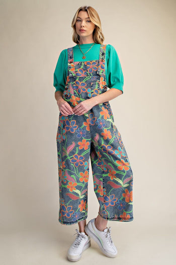 Easel Floral Printed Vintage Washed Overalls in Washed Denim