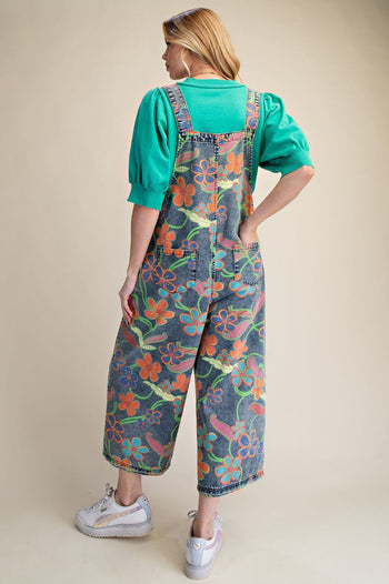 Easel Floral Printed Vintage Washed Overalls in Washed Denim