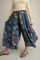 Easel Denim Floral Print Wide Leg Pants in Washed Denim