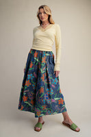 Easel Denim Floral Print Wide Leg Pants in Washed Denim