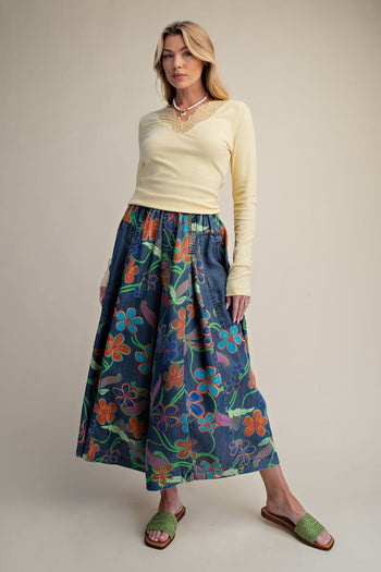 Easel Denim Floral Print Wide Leg Pants in Washed Denim