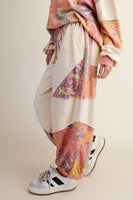 Easel Signature Print Washed Terry Knit Pants in Lime Rose