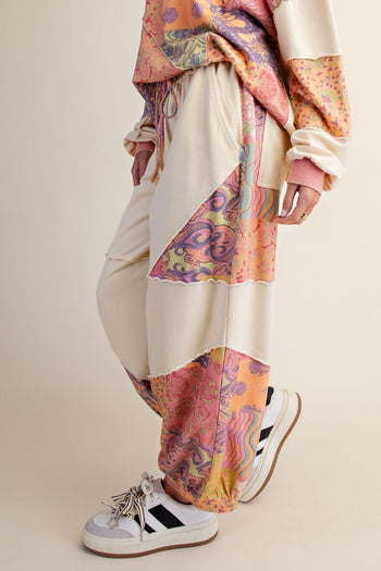 Easel Signature Print Washed Terry Knit Pants in Lime Rose