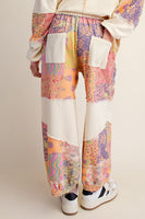 Easel Signature Print Washed Terry Knit Pants in Lime Rose