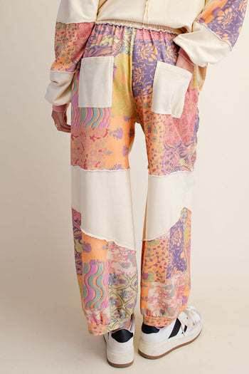 Easel Signature Print Washed Terry Knit Pants in Lime Rose