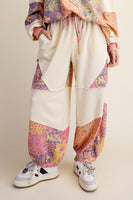Easel Signature Print Washed Terry Knit Pants in Lime Rose