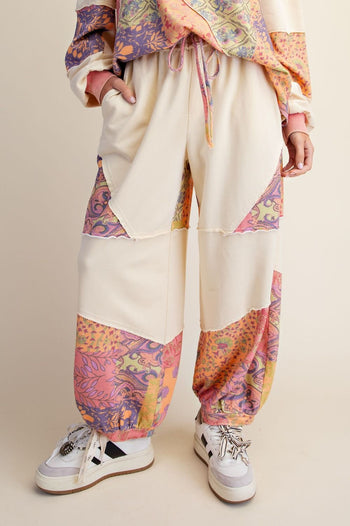 Easel Signature Print Washed Terry Knit Pants in Lime Rose
