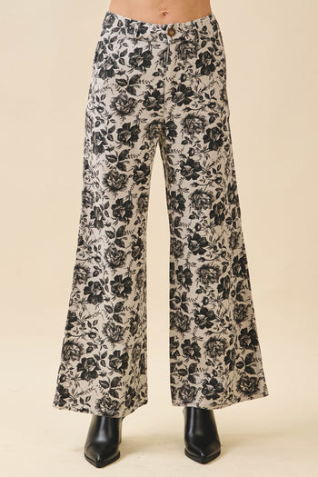 LovLov Vintage Washed Denim Floral Pants in Charcoal Floral