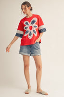 Jodifl Flower Patch Detail Mixed Fabric Top in Red