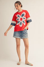 Load image into Gallery viewer, Jodifl Flower Patch Detail Mixed Fabric Top in Red
