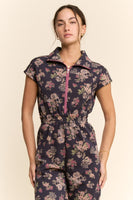Davi & Dani Floral Print Scuba Zipper Front Jumpsuit in Navy