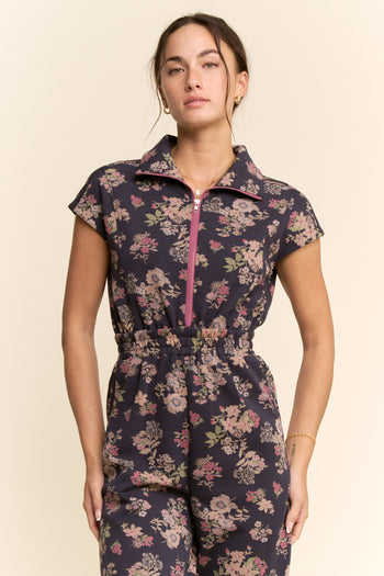 Davi & Dani Floral Print Scuba Zipper Front Jumpsuit in Navy
