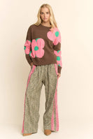 Davi & Dani Leopard Pants with Contrasting Lace Stripe in Green Leopard