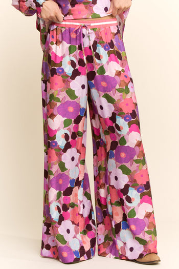 Davi & Dani Floral Print Wide Leg Pants in Berry Pink