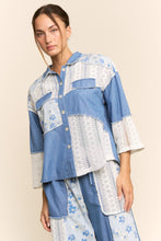 Load image into Gallery viewer, Davi &amp; Dani Printed Denim and Lace Button Front Shirt in Light Denim Multi
