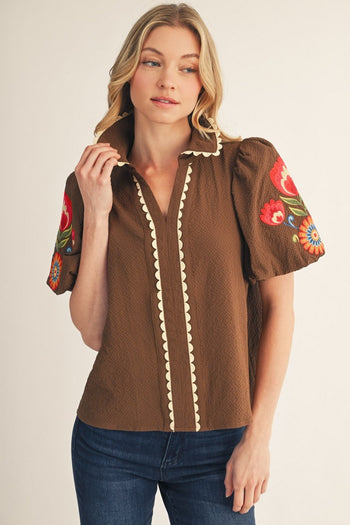 Jodifl Embroidered Textured Solid Top in Brown