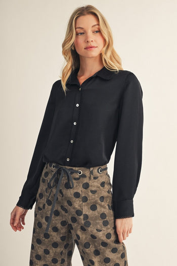 Jodifl Scallop Trim Detail Button Down Satin Top in Black