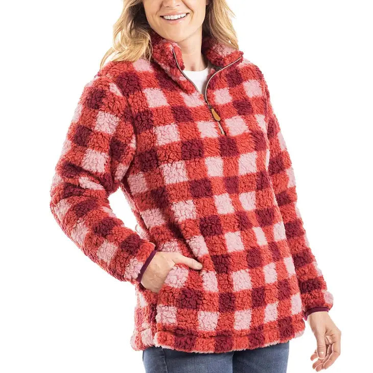 Katydid Pink and Wine Plaid Sherpa Pullover Shirts & Tops Katydid   