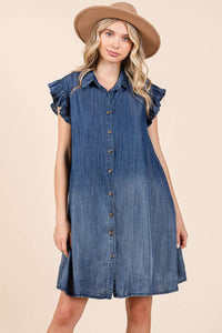 Mittoshop Chambray Mini Length Shirt Dress in Dark Denim