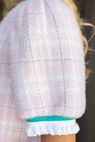 VOY Stripe Band Detail Fuzzy Textured Plaid Top in Pink