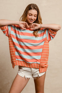 BiBi OVERSIZED Contrasting Color Mix n Match Stripe Top in Coral
