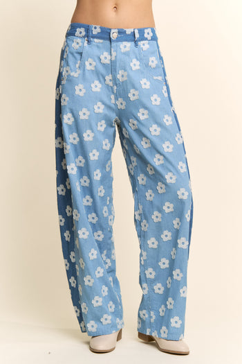 Davi & Dani Flower Print Wide Leg Culotte Pants in Denim Blue