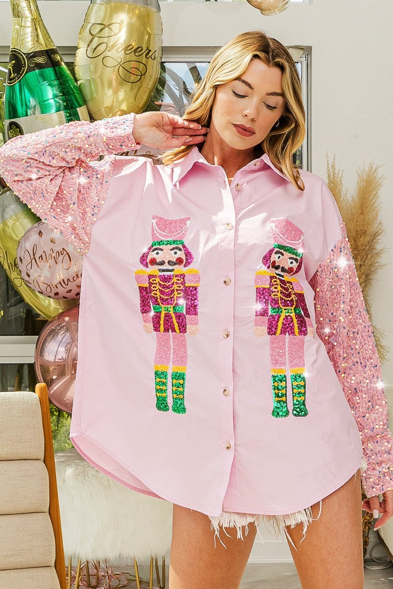 BiBi Button Up Shirt with Large Sequin Nutcrackers and Velvet Sequin Sleeves in Pink