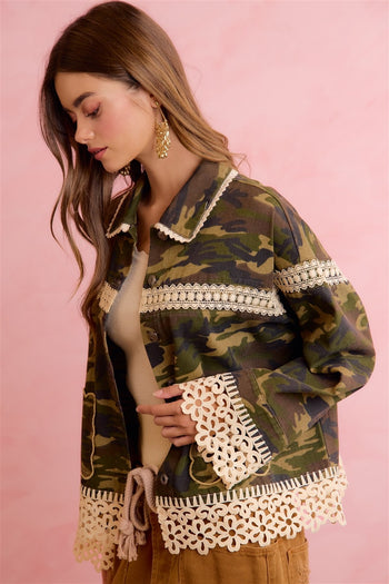 BiBi Boho Lace Trim Camo Shacket in Camouflage