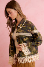 Load image into Gallery viewer, BiBi Boho Lace Trim Camo Shacket in Camouflage
