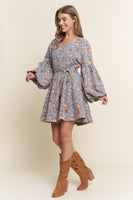 J.nna Denim Floral Print Belted Mini Dress in Floral Denim