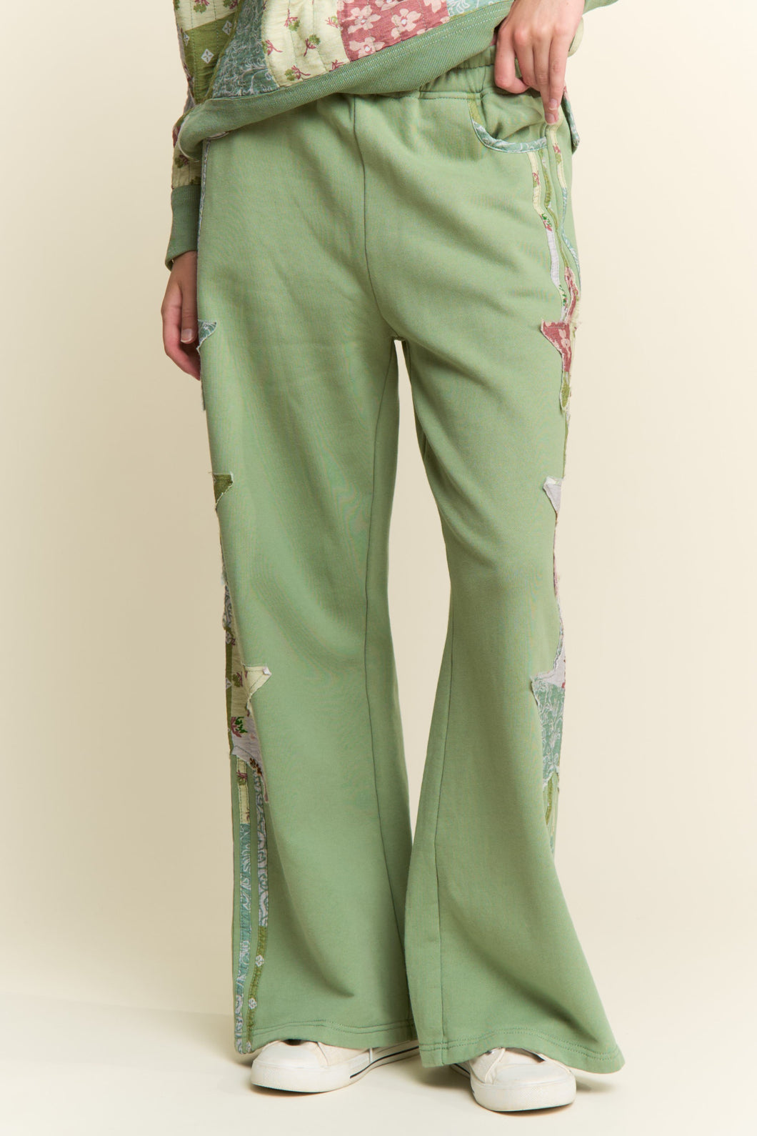 J.nna Multi Pattern Patched French Terry Pants in Sage Multi – June Adel
