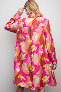 Easel Blossom Printed Button Down Shirt Dress in Crimson Pink Shirts & Tops Easel   