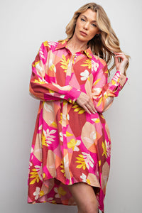 Easel Blossom Printed Button Down Shirt Dress in Crimson Pink Shirts & Tops Easel   