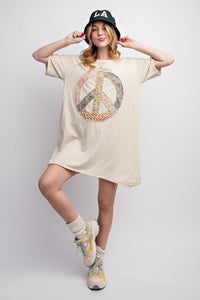 Easel Peace Patched Cotton Jersey Tunic Top in Ecru Dress Easel   