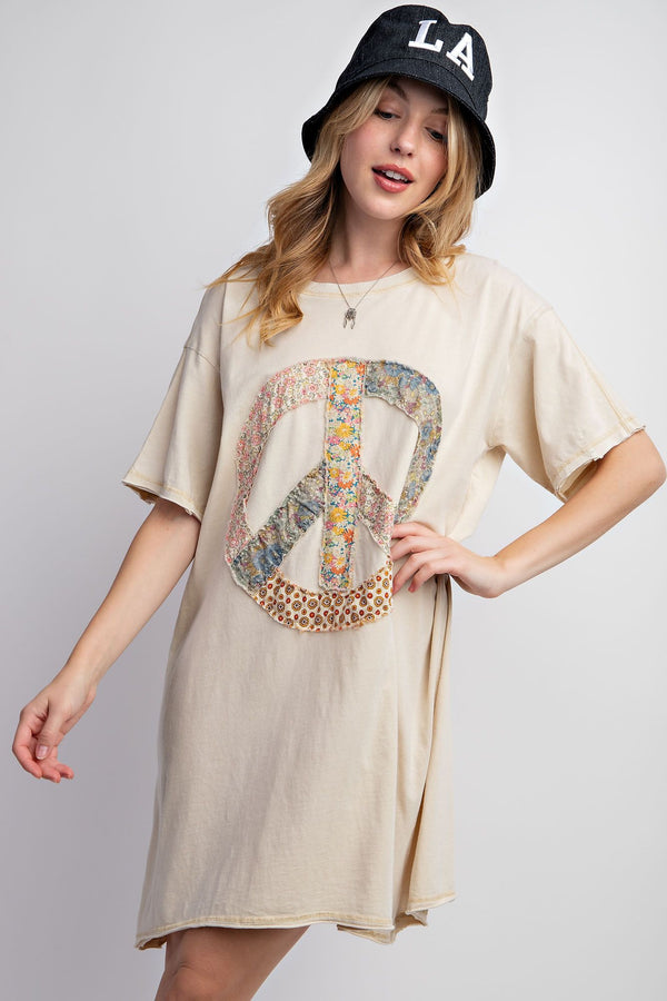 Easel Peace Patched Cotton Jersey Tunic Top in Ecru ON ORDER Dress Easel   