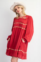 Load image into Gallery viewer, Easel Solid Color and Floral Embroidered Mini Dress in Red Dahlia

