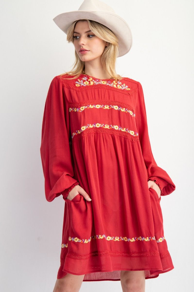 Easel Solid Color and Floral Embroidered Mini Dress in Red Dahlia S
