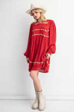 Load image into Gallery viewer, Easel Solid Color and Floral Embroidered Mini Dress in Red Dahlia
