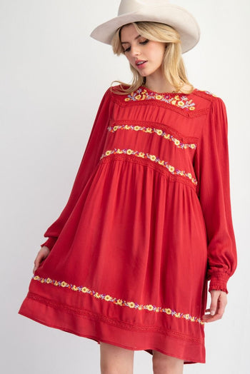 Easel Solid Color and Floral Embroidered Mini Dress in Red Dahlia