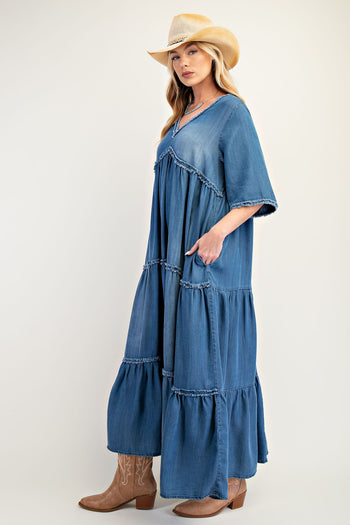 Easel Frayed Detail Denim Maxi Dress in Dark Denim ON ORDER June Adel Easel Frayed Detail Denim Maxi Dress in Dark Denim ON ORDER June Adel