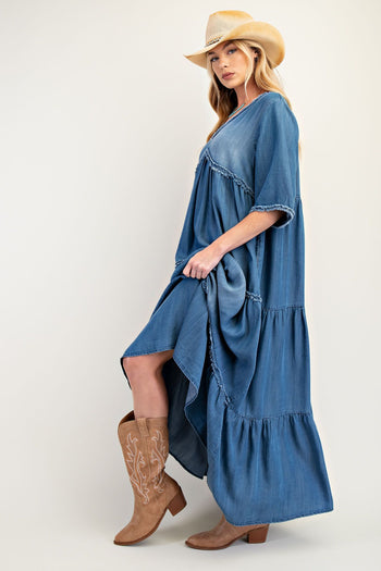 Easel Frayed Detail Denim Maxi Dress in Dark Denim ON ORDER June Adel Easel Frayed Detail Denim Maxi Dress in Dark Denim ON ORDER June Adel