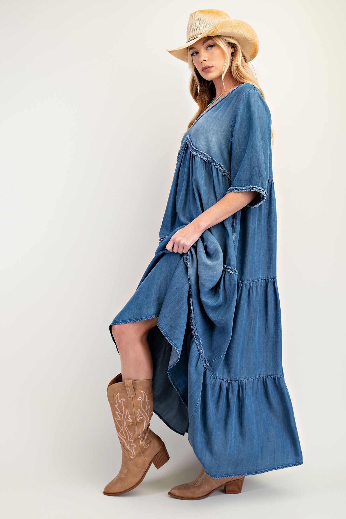 Easel Frayed Detail Denim Maxi Dress in Dark Denim ON ORDER – June Adel