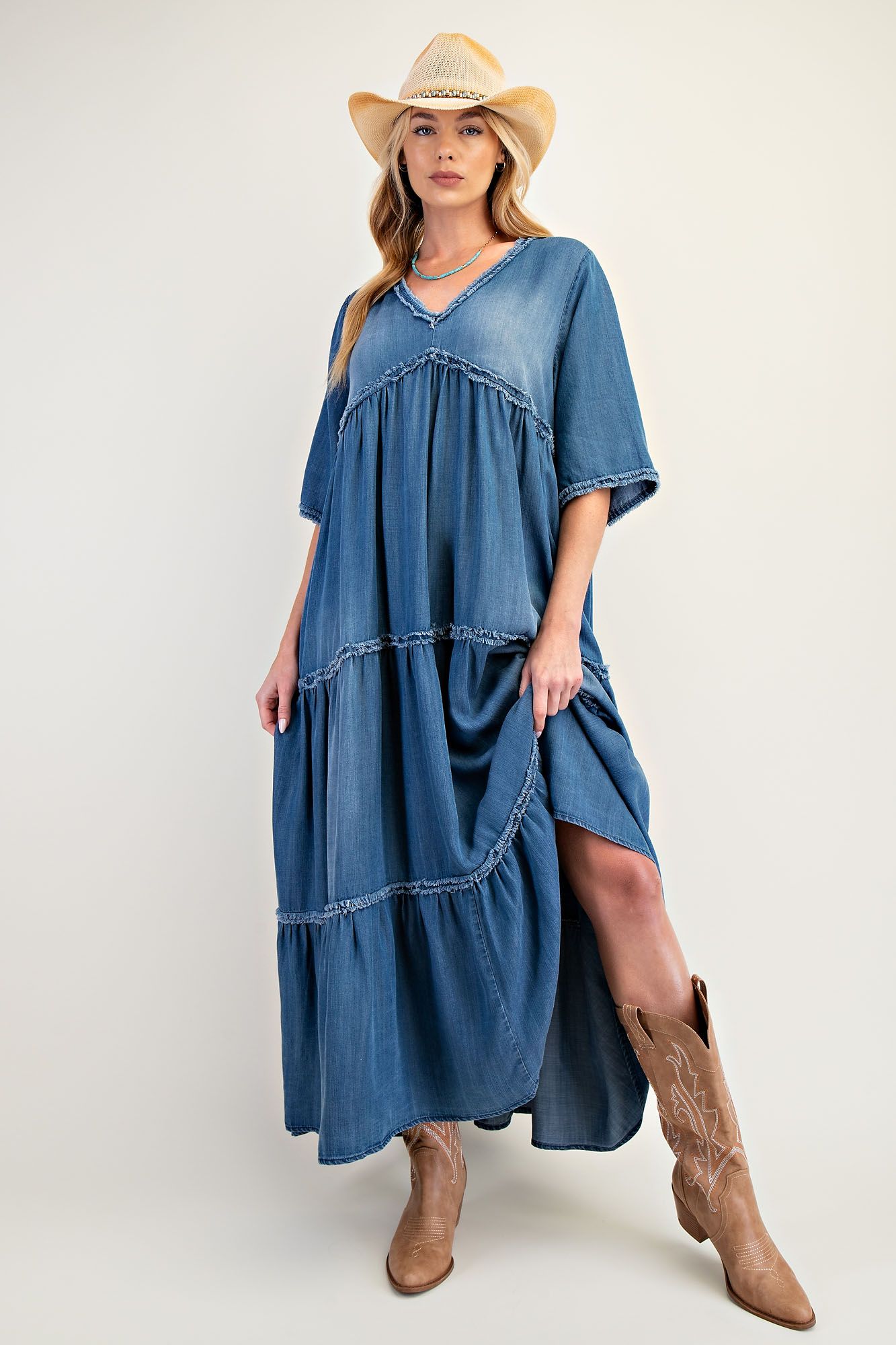 Easel Frayed Detail Denim Maxi Dress in Dark Denim ON ORDER – June Adel