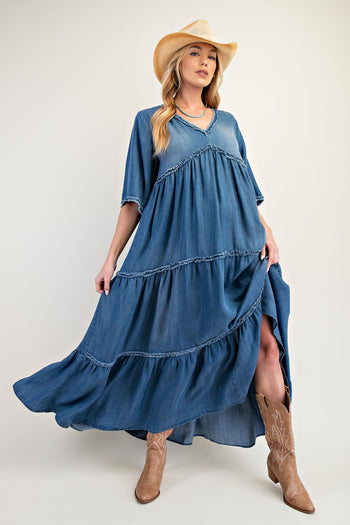 Easel Frayed Detail Denim Maxi Dress in Dark Denim ON ORDER June Adel Easel Frayed Detail Denim Maxi Dress in Dark Denim ON ORDER June Adel