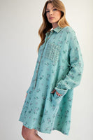 Easel Cotton Gauze Mixed Floral Print Dress in Atlantis Green