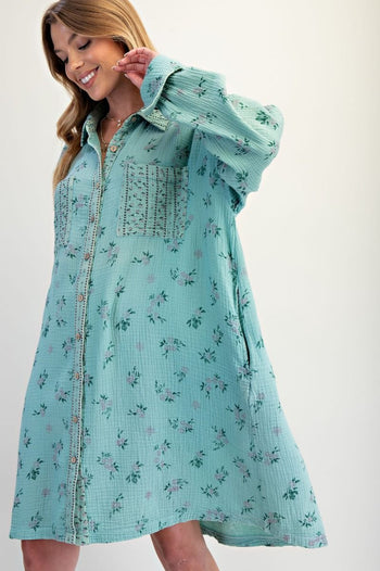 Easel Cotton Gauze Mixed Floral Print Dress in Atlantis Green